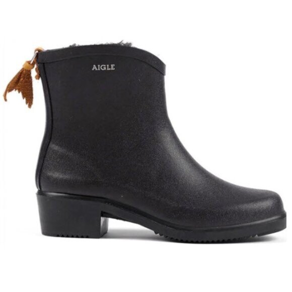 Aigle Miss Juliette Ankle Rain Boots Size 6 Black Faux Fur Lined Boots - Picture 1 of 12